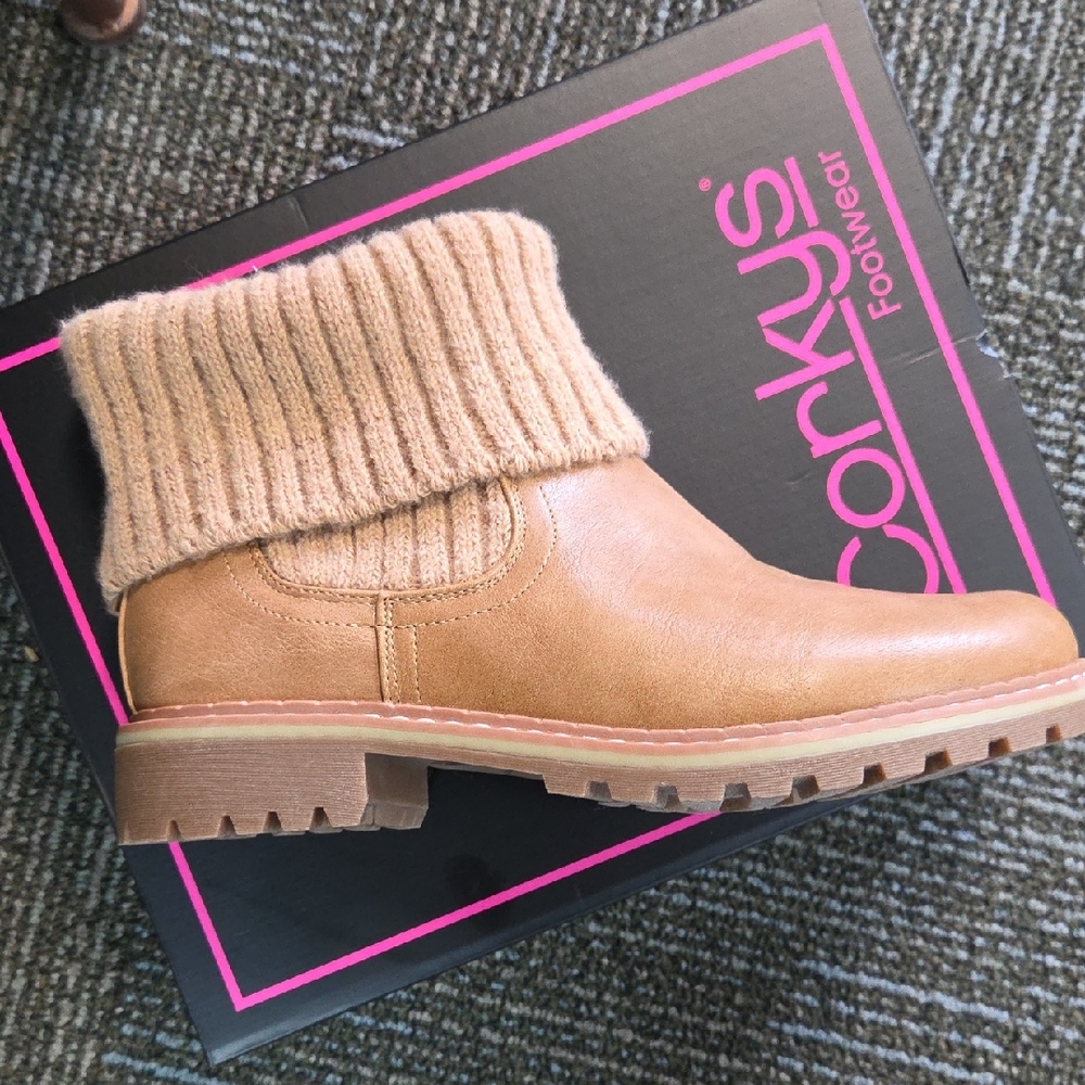 Corkys Camel Ankle Booties with Ribbed Cuff